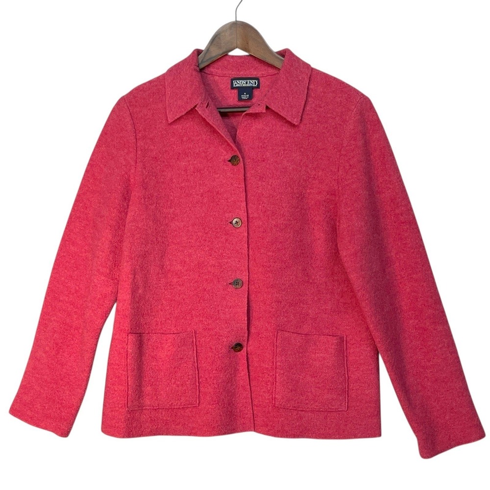 Lands End Wool Jacket Womens 6 Pink Boiled Wool Button Up Collared Excellent